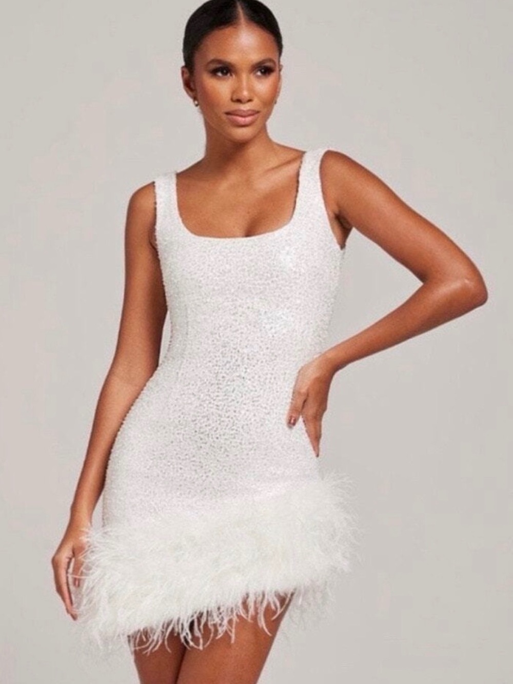 NWT Nadine Merabi Evie White Sequin Feather Mini Dress Sz S